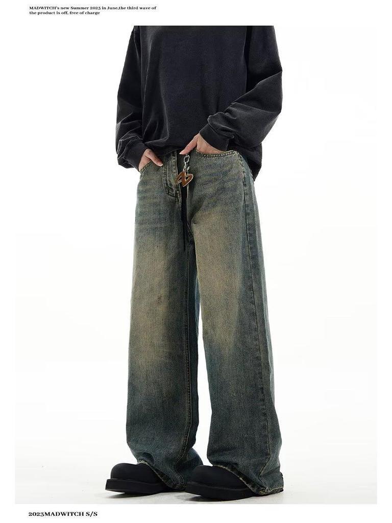 Autumn American Trend: Men's Loose Retro Yellow Mud-Dyed Straight Jeans, Washed & Distressed Wide-Leg Style