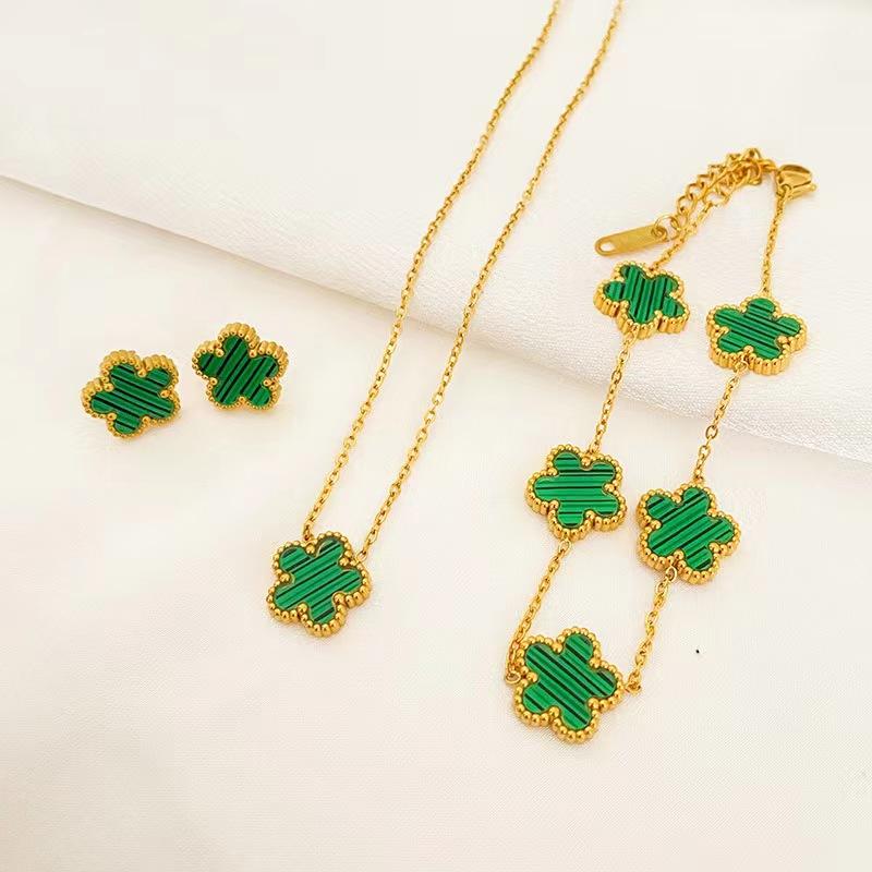 3 Pieces of Stainless Steel Plum Blossom Plant Five Leaf Necklace, Bracelet, Earrings, Women's Jewelry Set