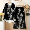 Women's 2‑Piece Outfit, Bohemian Ornate 3/4 Sleeve Irregular Hem Top & Wide Leg Pants Set, Casual Loose Matching Suit