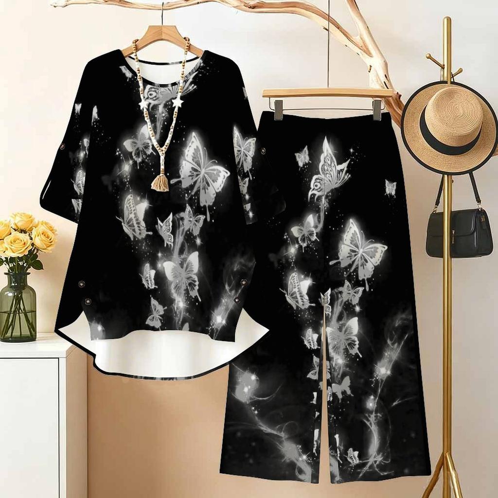 Women's 2‑Piece Outfit, Bohemian Ornate 3/4 Sleeve Irregular Hem Top & Wide Leg Pants Set, Casual Loose Matching Suit