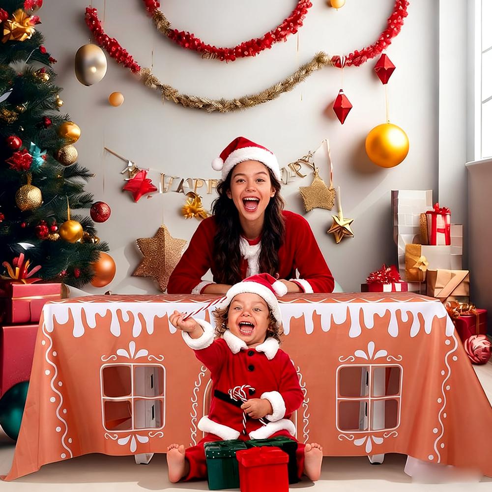 Christmas Decoration Tablecloth Oil-proof Gingerbread House Festive Winter Pattern Table Cloth Navidad Reusable New Year Pad