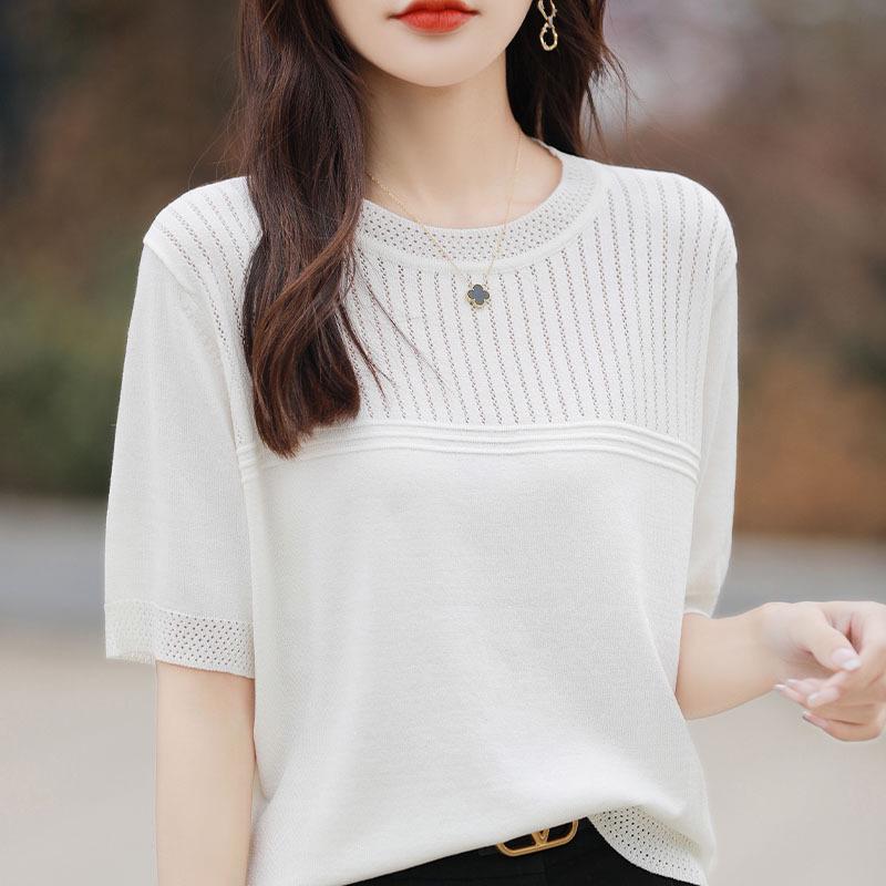2024 Summer Ice Silk Hollow Knit Top for Middle-Aged Women: Short Sleeve, Solid Color, Half Sleeve Design