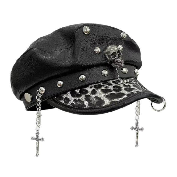 2000s Women Beret Hat Punk Rivet Decors Flat Top Cap Breathable PU Leather Octagonal Hat for Casual and Cosplay Wear