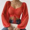 Summer New V-neck Drawstring Chiffon Blouse Women Vintage Lantern Sleeve Slim Fashion Sexy Women's Shirt Tops Elegant Solid Ladies Crop Blouse 25156