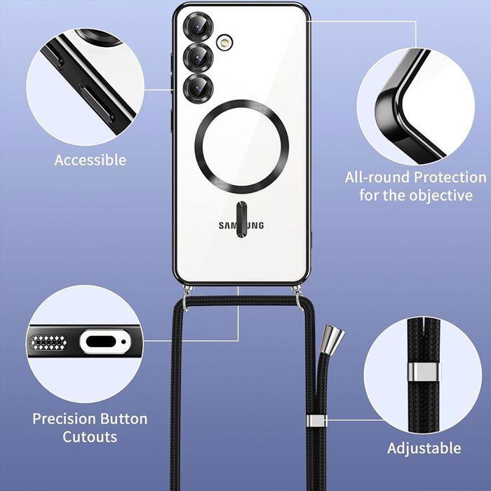 Coque pour Samsung Galaxy S24 FE, Protection avec Cercle Magnétique Film Caméra et Cordon Noir