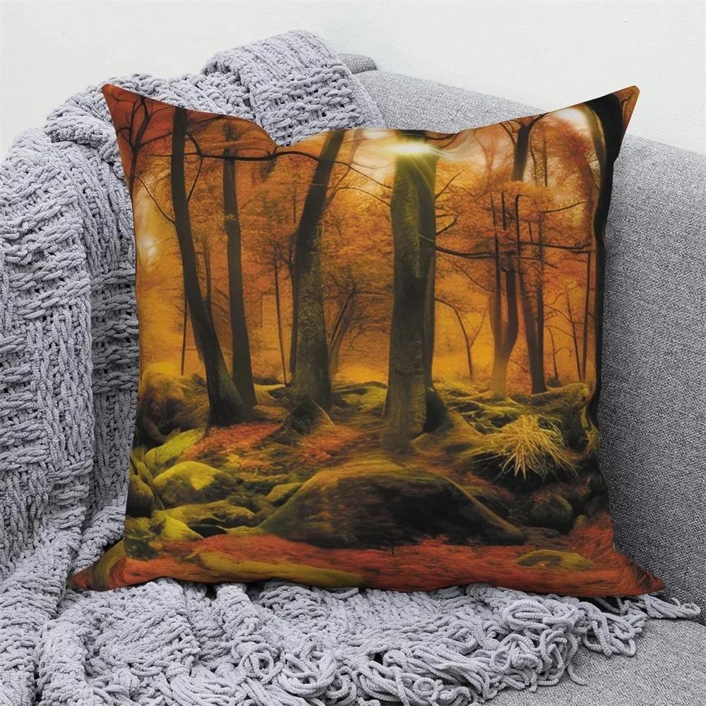Autumn Scenery Home Decoration Cushion Cover Autumn Leaf Forest Print Sofa Decoration Pillow Cover