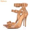 Fashion Black/Nude PU Belt Buckle Sandals Ankle Strap Shine Leather Stiletto High Heels Open Toe Women Fashion Sandals Summer New Shoes