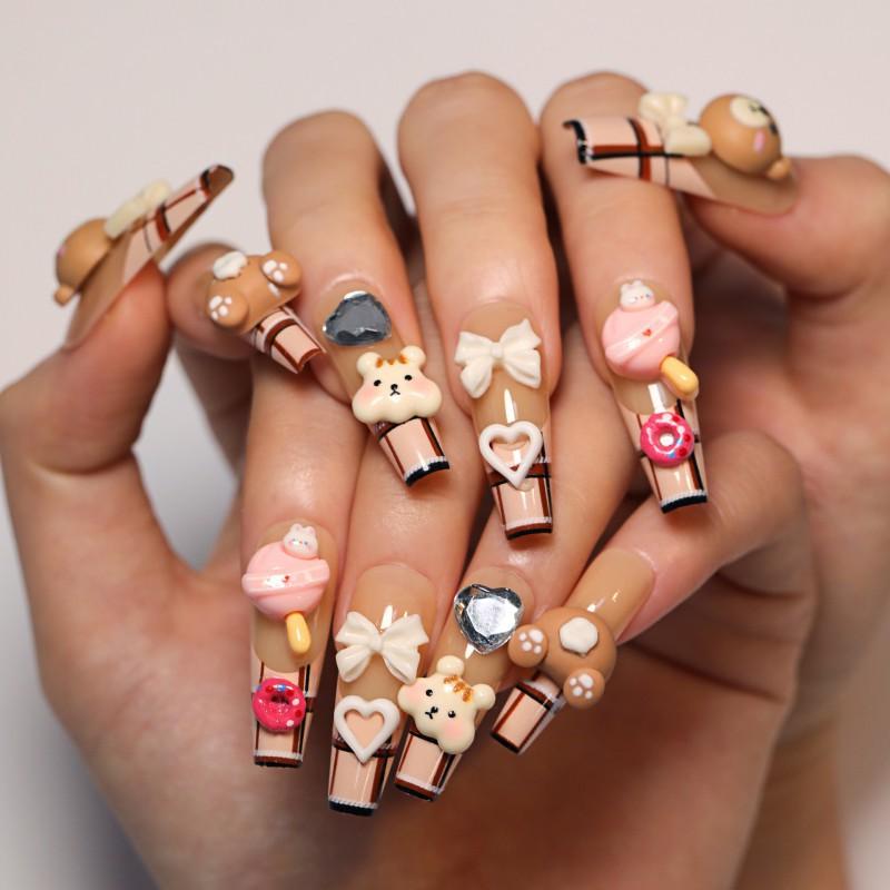 Cartoon Cute Little Bear Nail Art French Grid Fake 3D Bow Coffee Color Wear Armor