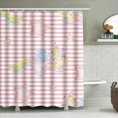 Charming Unicorn Shower Curtain Pink Striped Cartoon Bathroom Decor for Kids Adults Waterproof Polyester Fabric Available In V