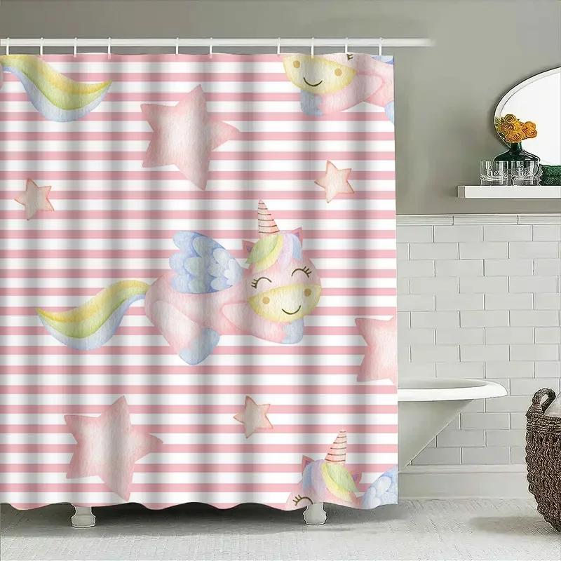 Charming Unicorn Shower Curtain Pink Striped Cartoon Bathroom Decor for Kids Adults Waterproof Polyester Fabric Available in V