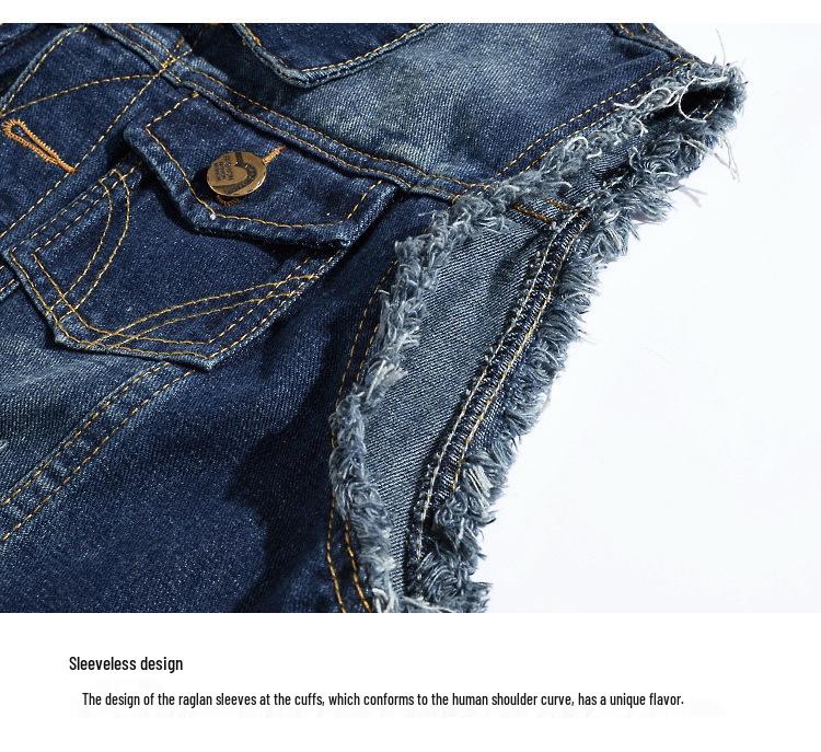 Pánská módní slim fit džínová vesta bez rukávů s roztrhaným efektem 2024: Vesta v korejském stylu s praným vzhledem pro jaro, léto a podzim