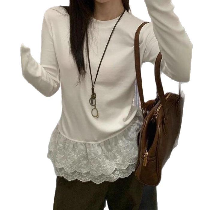 

Женская базовая рубашка в корейском стиле с длинным рукавом и белой кружевной отделкой для осени/зимы 2025 Extra Large