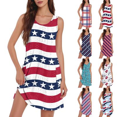 Women's Casual Fashion Breathable Independence Day Printed Pocket Hem Slit Vest Dress