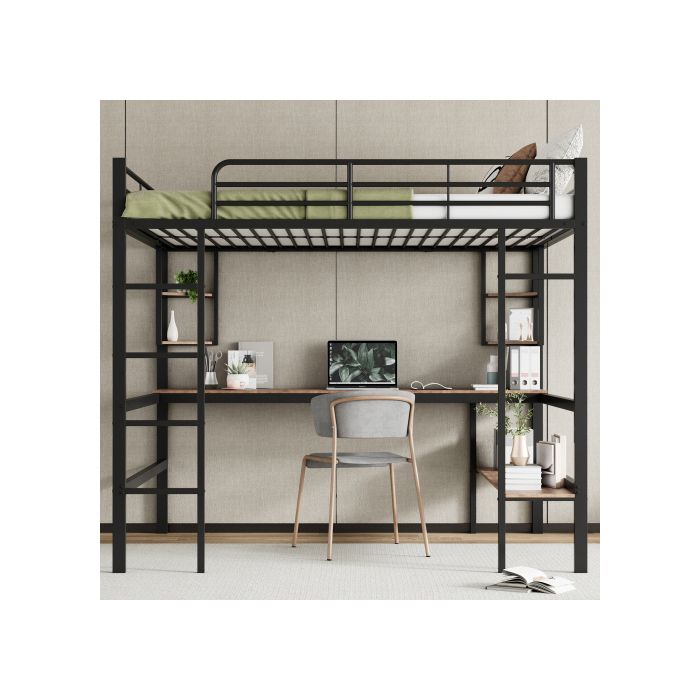 Hochbett, Metallbett mit Rahmen 140x200 cm, Eisenbett mit Schreibtisch, ohne Matratze, schwarz