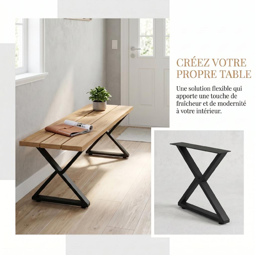 Steel Table Legs, Set of 2, X-Shaped, Adjustable Glides, 60 X 43 Cm, Black