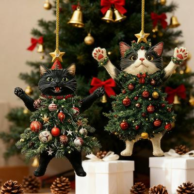 Christmas Cat In Christmas Tree Acrylic Hanging Ornament 2D Flat Car Rearview Mirror Charm Holiday Gifts for Cat Lovers