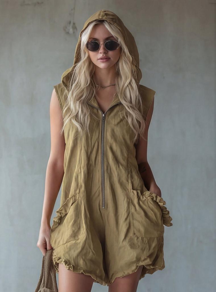 New European and American women's independent station new retro style hooded zipper sleeveless imitation cotton and linen jumpsuit