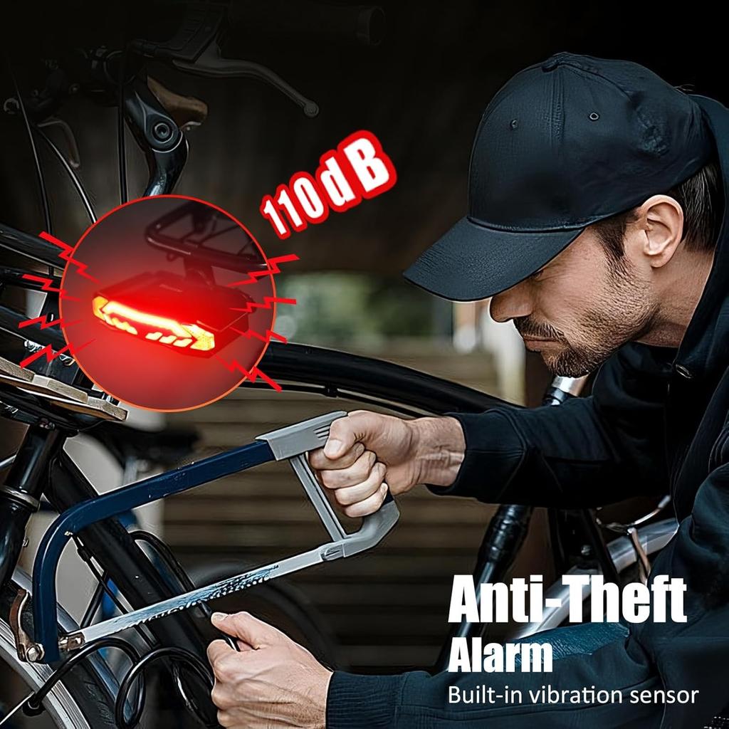 Luz Trasera Inteligente para Bicicleta con Portaequipajes, Intermitentes y Luz de Freno, Encendido/Apagado Automático, Recargable por USB, Control Remoto Inalámbrico, Bocina de Bicicleta, Alarma, Luz Trasera para Bicicleta