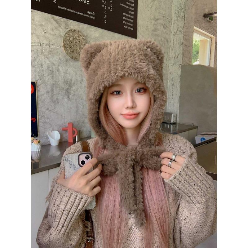 Bear Ears Woolen Knitted Hat for Women In Winter Showing Face Small Plush Cute Ear Protection Warm Big Headband Cold Hat