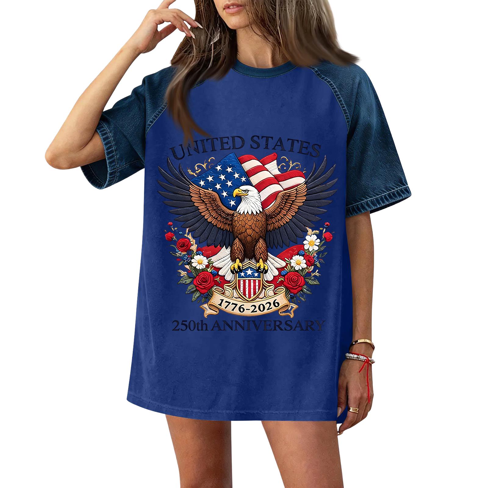 

Women s Casual Short Sleeve T Shirt Denim Patchwork Comfortable Fit 251st Independence Day Print Loose Style Top XXL синий