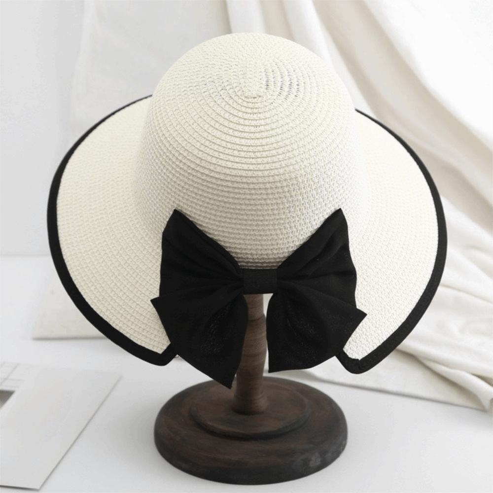 Large Bow Sunscreen Bucket Hat Fisherman Hat Bowknot Sun Cap Sweet Straw Weave Sun Hat  Beach