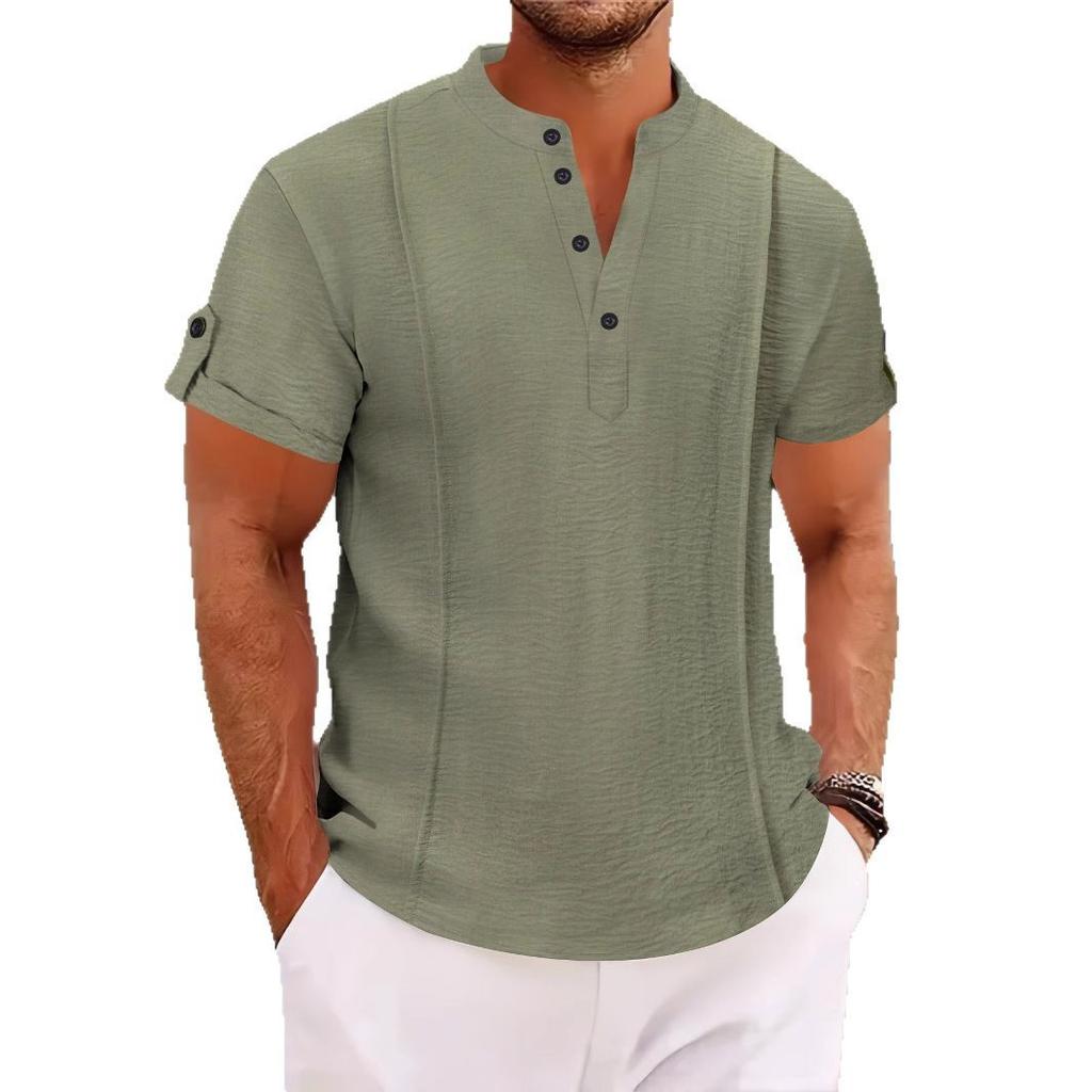 Maglietta Henley da Uomo Estiva in Misto Cotone, Tinta Unita Scollo a V con Bottoni Manica Corta Casual con Texture Rugosa