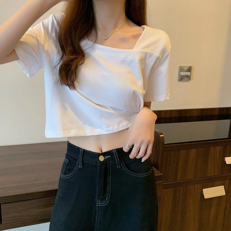 Crop Top Estivo da Donna con Scollo Quadrato a Maniche Corte - Trendy, Vestibilità Larga, Vita Alta