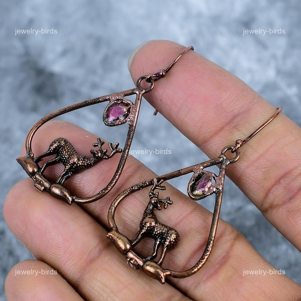 Oval Ruby Stone Birthday Gift Dangling Electroformed Engagement Earrings Copper VP-82