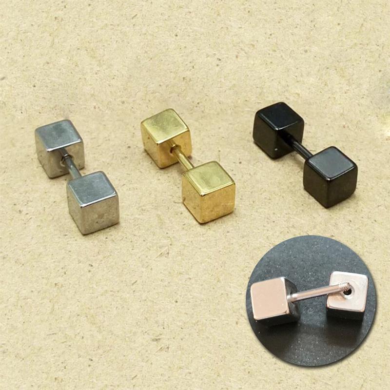 2Pcs Geometric Double-sided Square Stud Earrings For Women/Men Stainless Steel Screw Fine Ear Pin Small Ear Bone Stud Jewelry