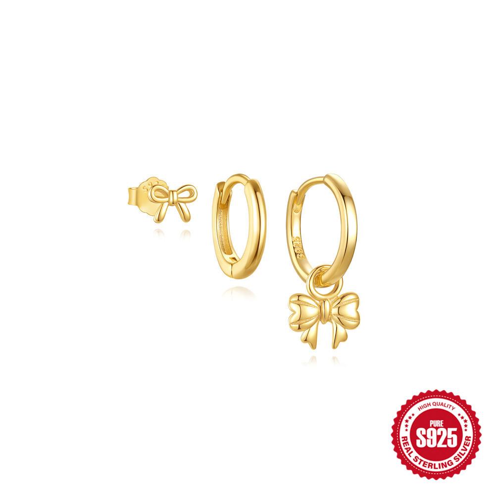 S925 Sterling Silver Simple Fashion Glossy Bow Turquoise Daily Wear Set Worry-Free Matching Earrings