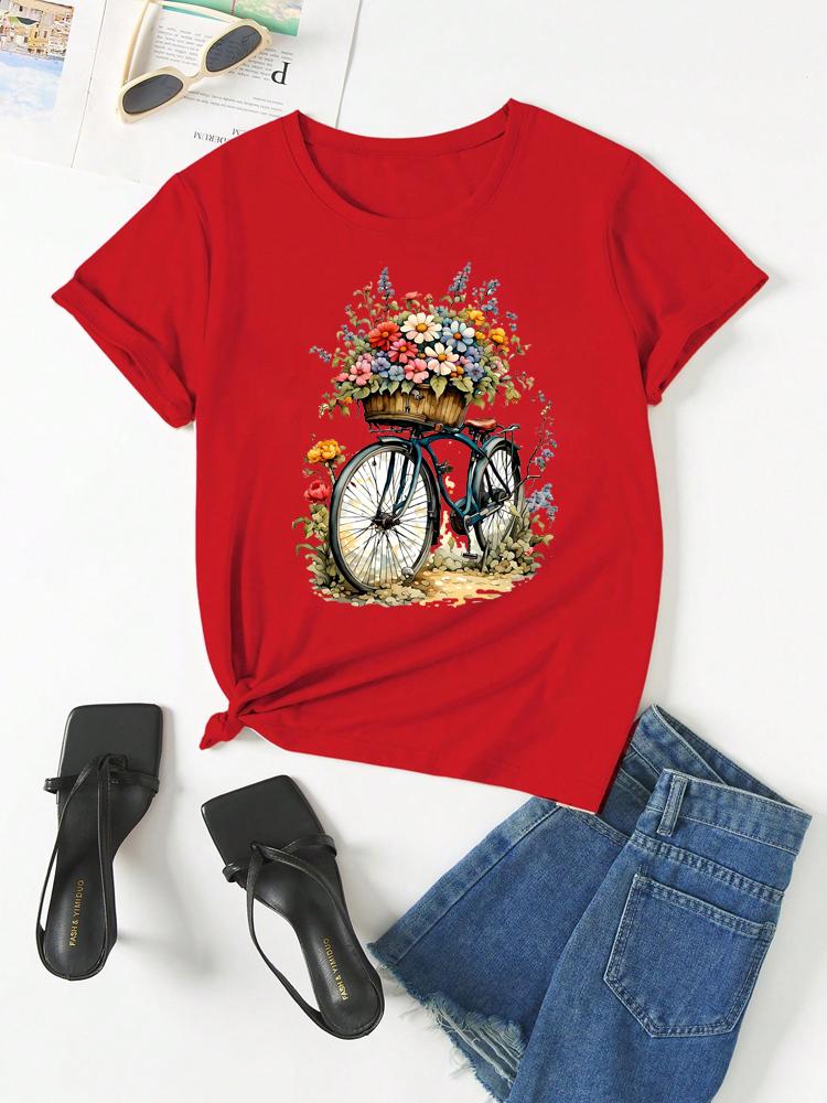 Women T Shirt Fashion Floral Bicycle Print Tshirt Women Short Sleeve O Neck T-shirt Ladies Causal Tee Shirt Clothes Tops