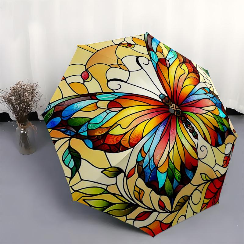 1pc Stained Glass Butterfly Design Automatic Opening Folding Umbrella with 8-Bone Iron Frame - Portable Outdoor for Fans, Travelers, Daily Use, Festiv