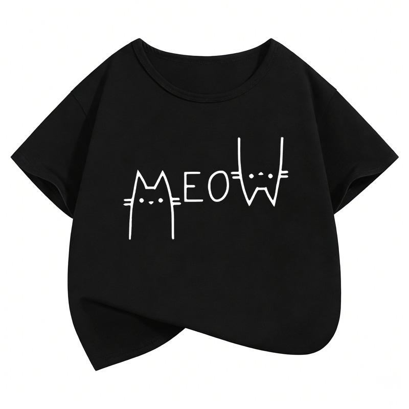 Meow Cat Graphic Kids Tshirts Summer Short Sleeve Tees Cartoon Animal Boys Girls Clothes Kawaii Kitten Tops Y2K Children Tshirt