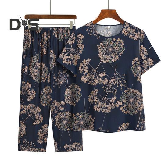 

Комплект из 2 предметов: женская пижама с цветочным принтом, короткий рукав, эластичный пояс, широкие брюки, плиссированные брюки, футболка, комплект домашней одежды для бабушки среднего возраста 4XL чёрный