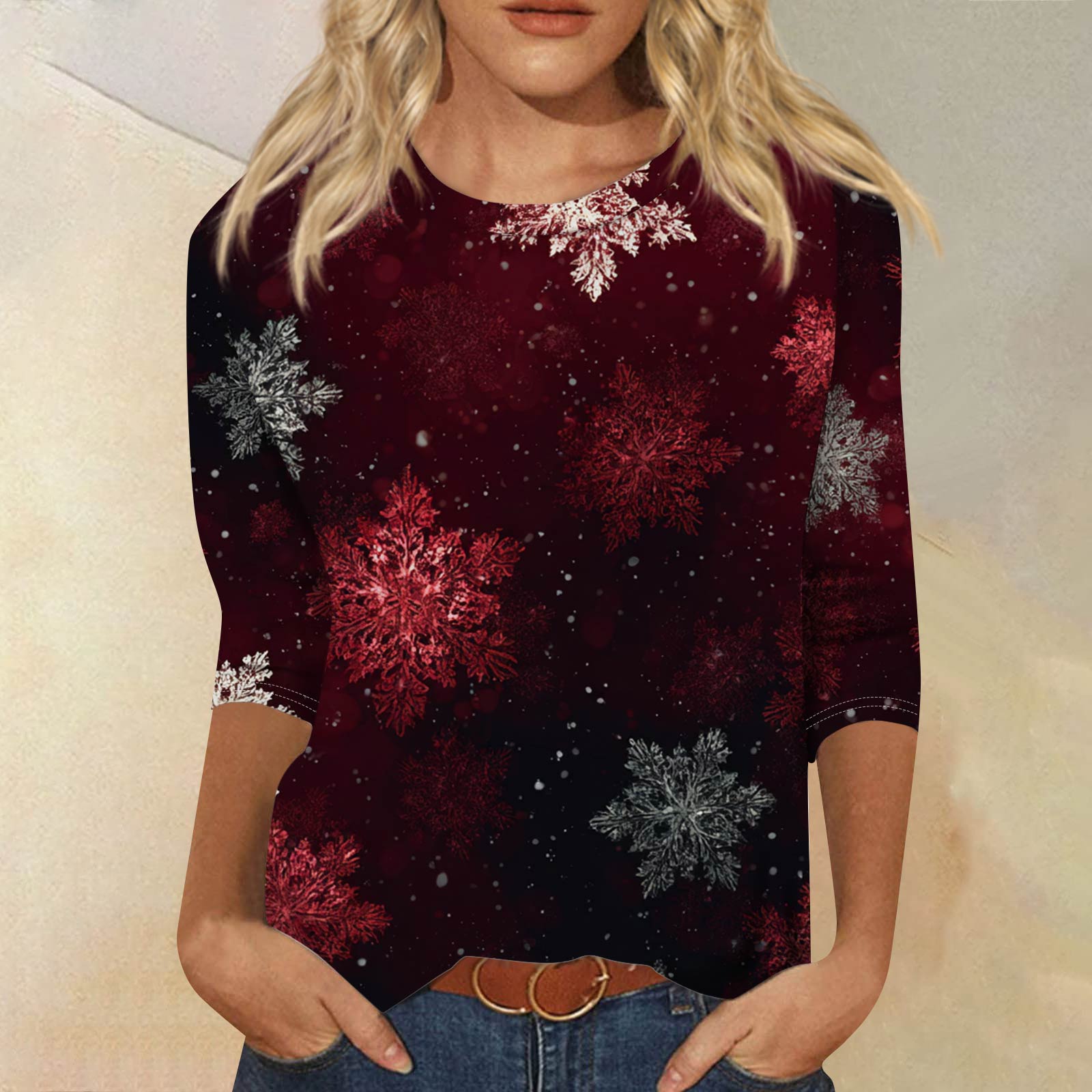 

Women s Fashionable Casual Three-Quarter Sleeve Halloween Print Round Neck Top L чорний