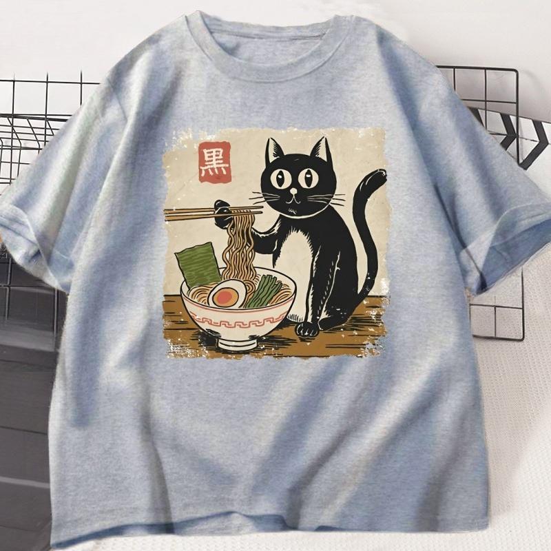 Funny Black Cat RaUnisex Tshirt Unisex Women Japanese Graphic Tees Kawaii Cat Anime Print T Shirt Casual Short Sleeve Unisexs Clothes
