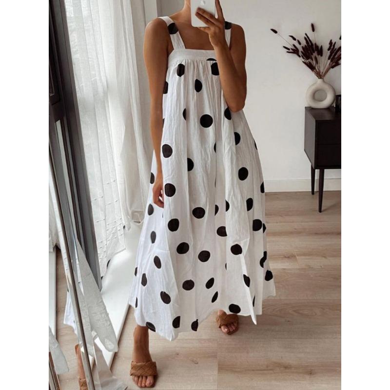 Spring Summer Polka Dot Print Cami Maxi Dress Sleeveless Square Neck Loose Fit Beach Dress