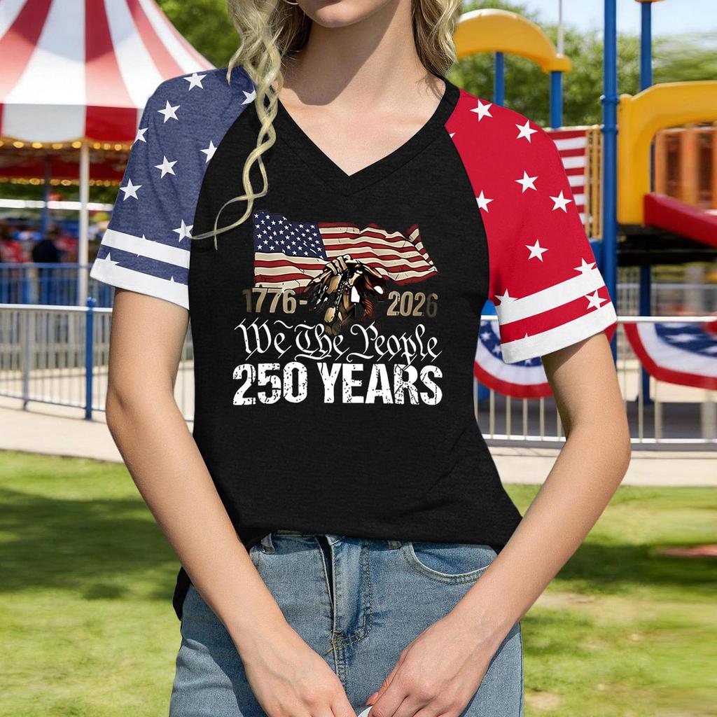 Women V Neck Short Sleeve Pullover T Shirt Casual Top with Graphic Print for Independence Day Celebration 1776 To 2026 Commemorative Design