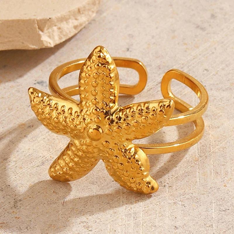 Stal nierdzewna Rozgwiazda Otwarty Pierścionek dla Kobiet Minimalistyczne Elementy Morskie Regulowany Pierścionek na Palec Retro Wszechstronna Biżuteria Prezent 2025
