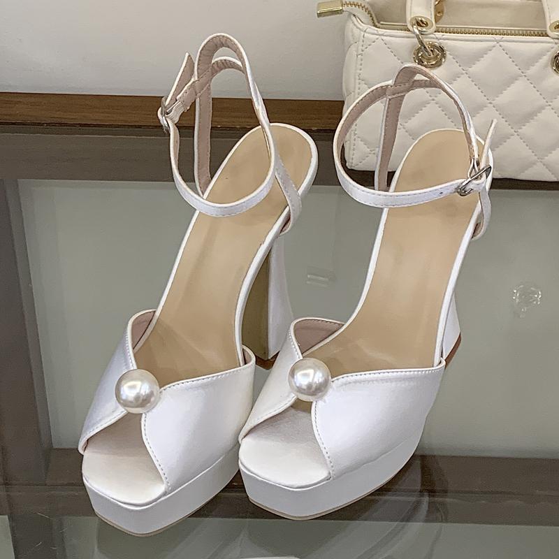 Pesstwei New Fashion Satin Pearl Peep Toe Buckle Strap Women Sandals Summer Square High Heels Banquet Party Shoes