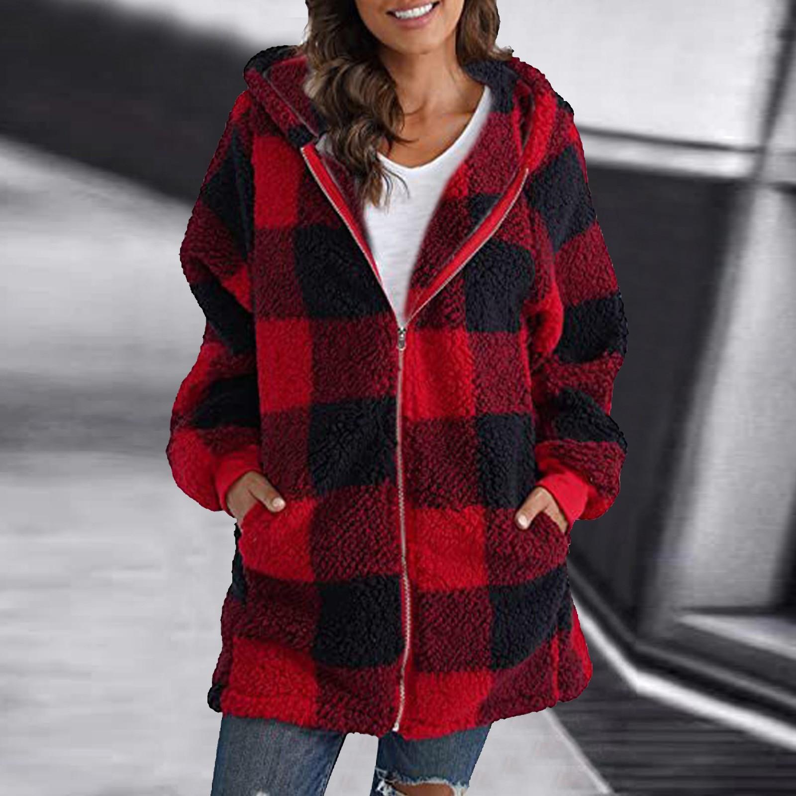 

Women s Casual Plush Long Sleeve Plaid Hooded Zipper With Pocket Loose Coat S червоний
