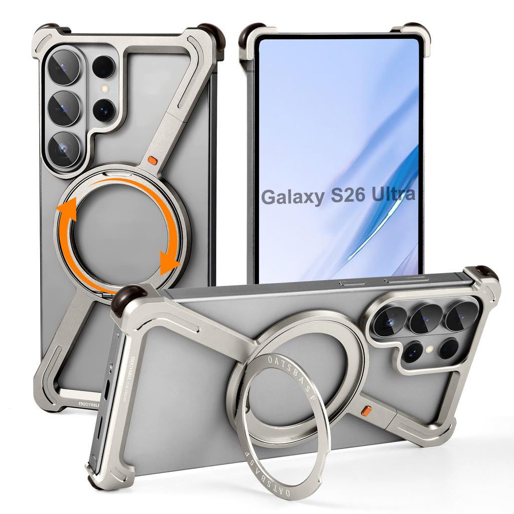 Oatsbasf pro Samsung Galaxy S26 Ultra Bezrámový kovový nárazník Z pouzdro Pouzdro na telefon s 360° otočným stojánkem Magnetický nárazuvzdorný kryt