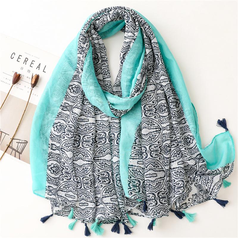 "Bali Yarn Cotton-Linen Scarf: Fresh Solid Color, Fruit Green & Bright Yellow Leaf Print with Tassel Detail"
