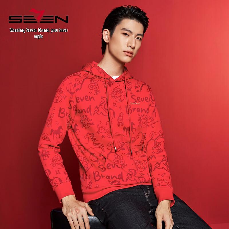 Septwolves Men s New Year Auspicious Red Embroidered Hoodie M