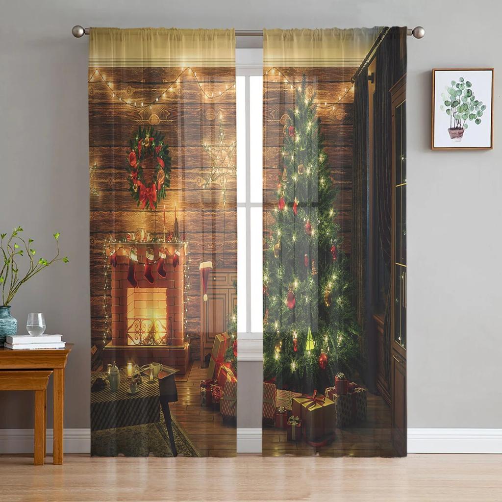 Wundervoller Weihnachtslandschafts-Tüll-Fenstervorhang für Wohnzimmer, Schlafzimmer, Voile, transparente Vorhänge, Küchenbehandlungen, Vorhänge
