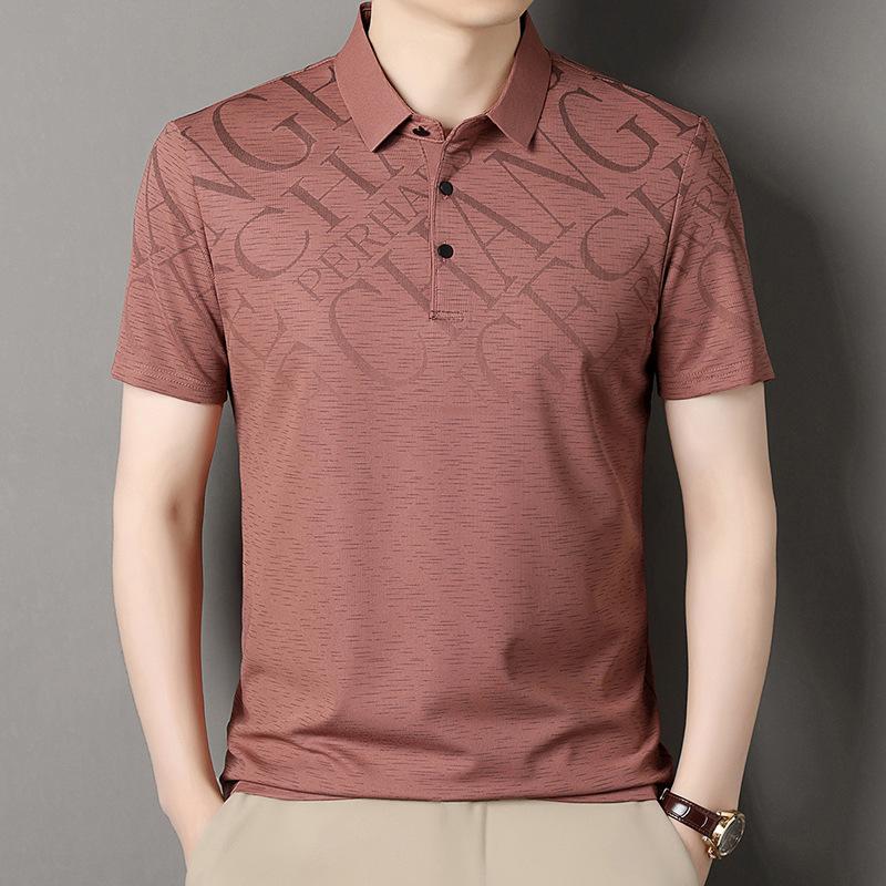 Business Casual Short-Sleeved Men'S Lapel Breathable Polo Shirt Loose Half-Sleeved High-Elastic Printed T-Shirt