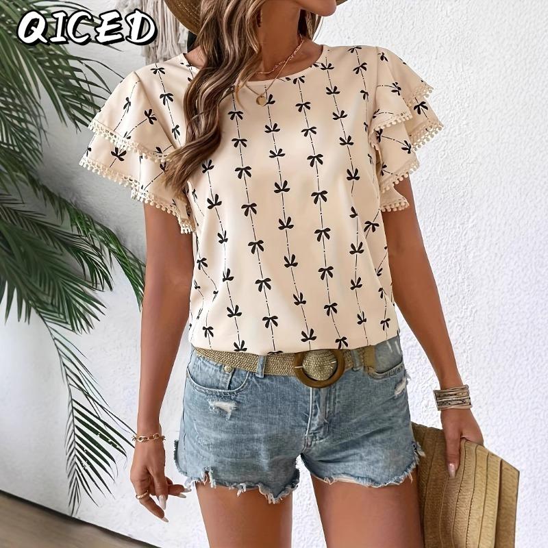 IHUASU Women's Fashion Casual Short Sleeve O-Neck Blouses & Shirts