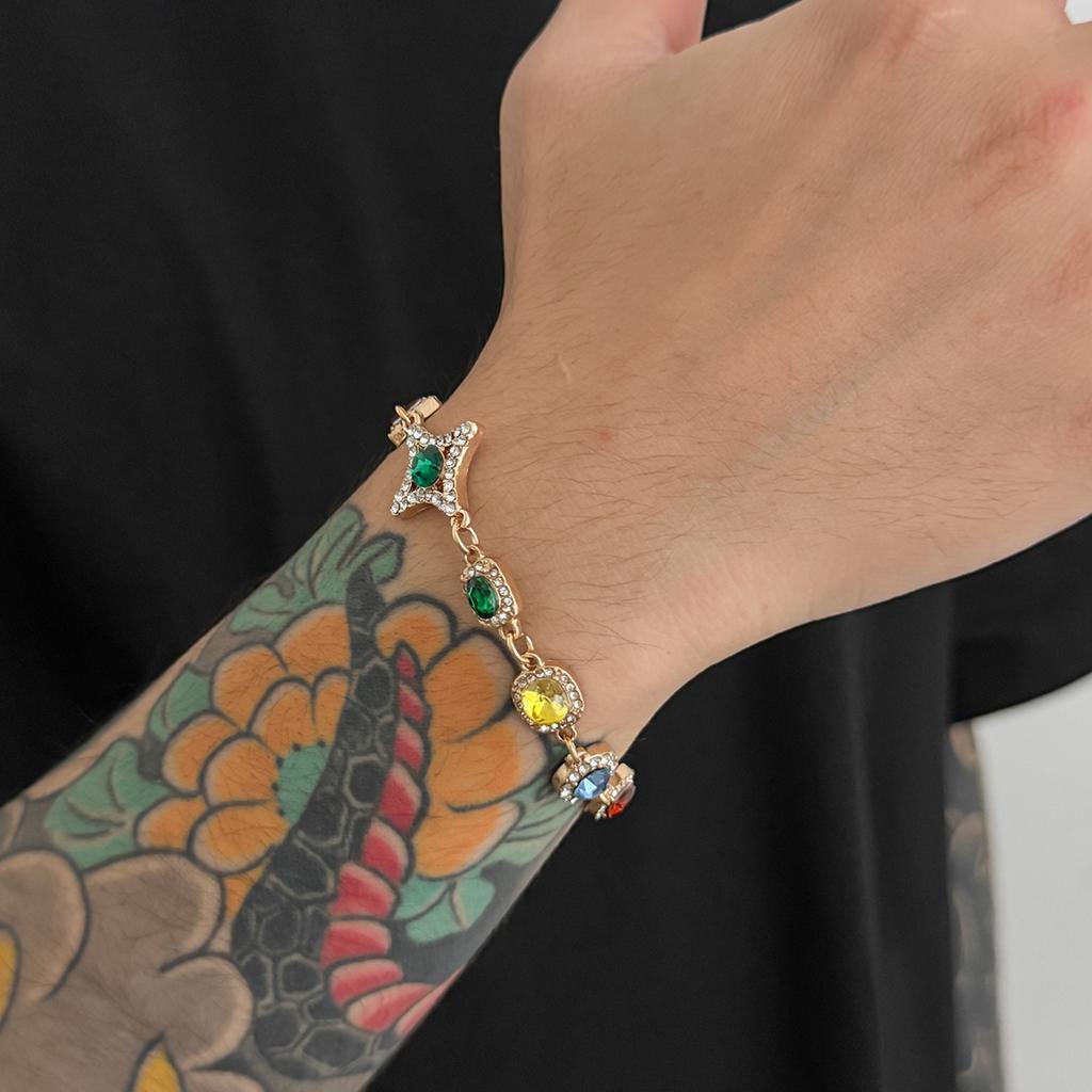 Salircon Trendy Luxury Colorful Crystal Chain Necklace Bracelet Set Men Hip Hop Clavicle Chain Trend Jewelry Male Birthday Gift