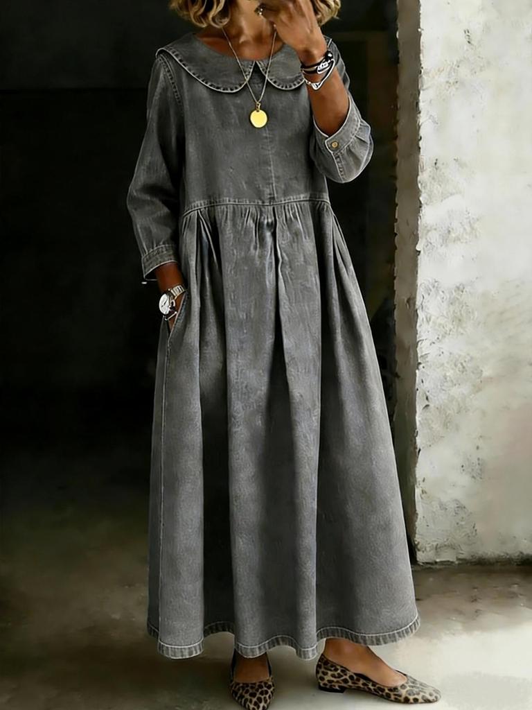 European and American Style Plus Size Denim Dress with Doll Collar and Long Sleeves