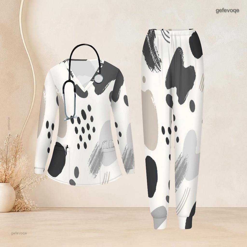 Women Plus Size Abstract Printed V Neck Long Sleeve Nurse Scrub Set With Pockets Two Piece